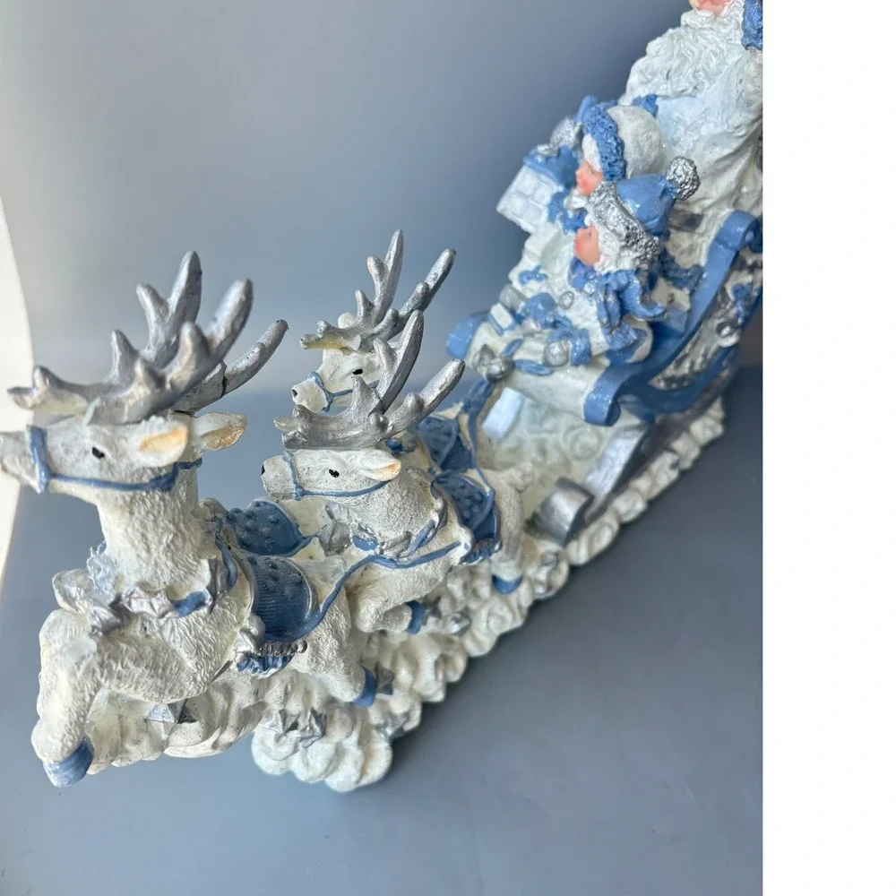Santa Claus Sleigh and Reindeer Figurine Blue White Silver Christmas Centerpiece